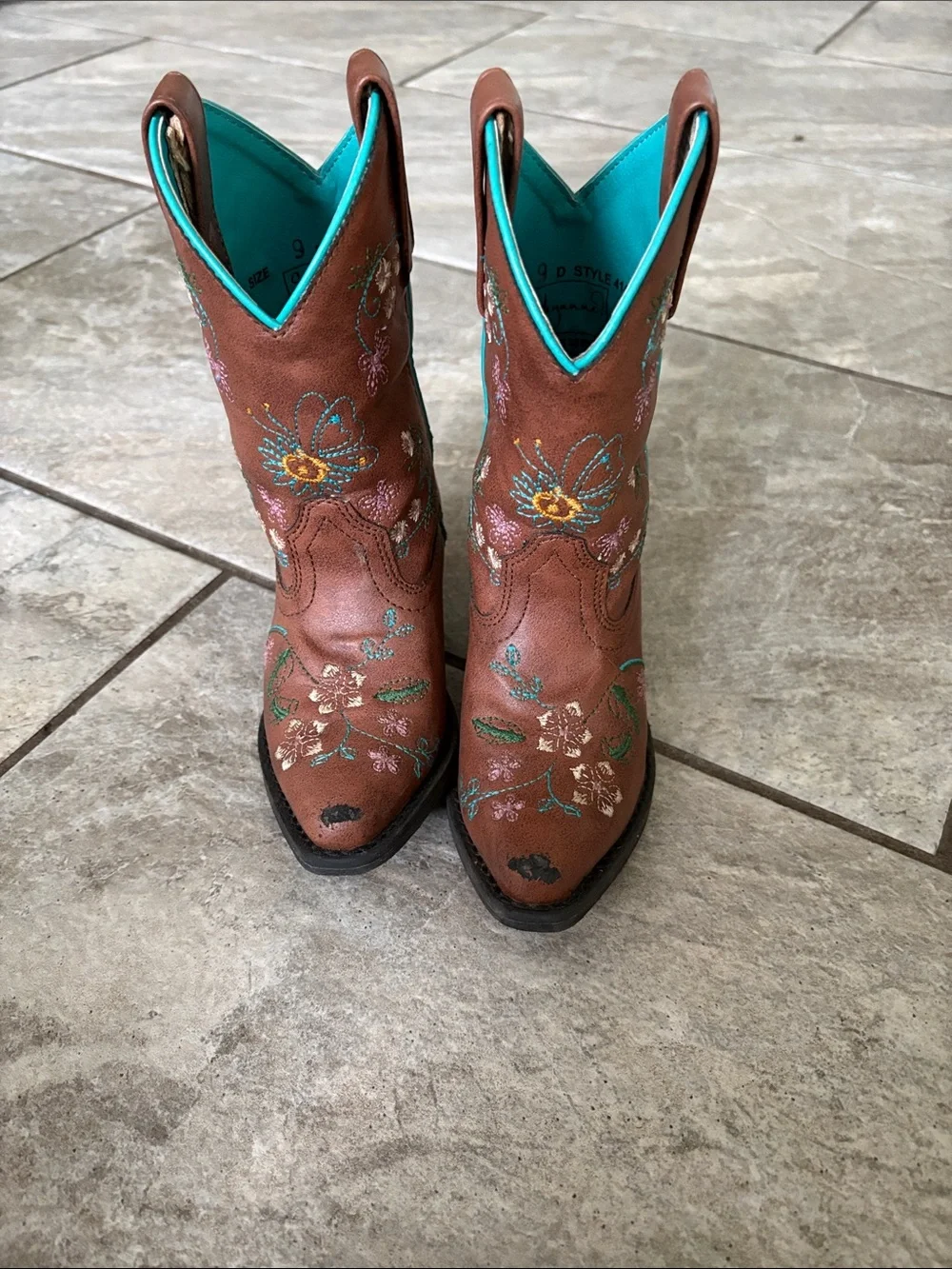 Shyanne Brown and Teal Floral Kids Cowboy Boots
